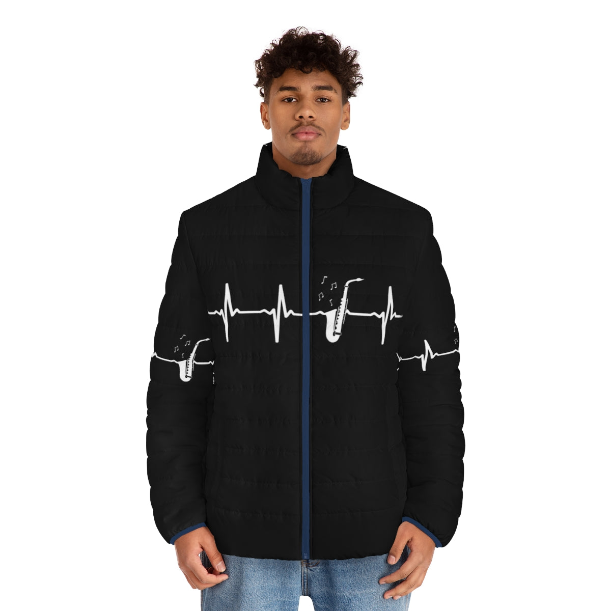 Saxophone heartbeat puffer jacket for music enthusiasts - men front