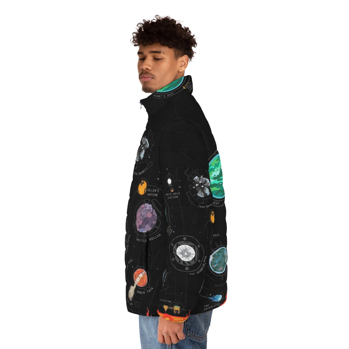 Outer Wilds Planetary Exploration Puffer Jacket featuring the Outer Wilds solar system and astral exploration - men side left