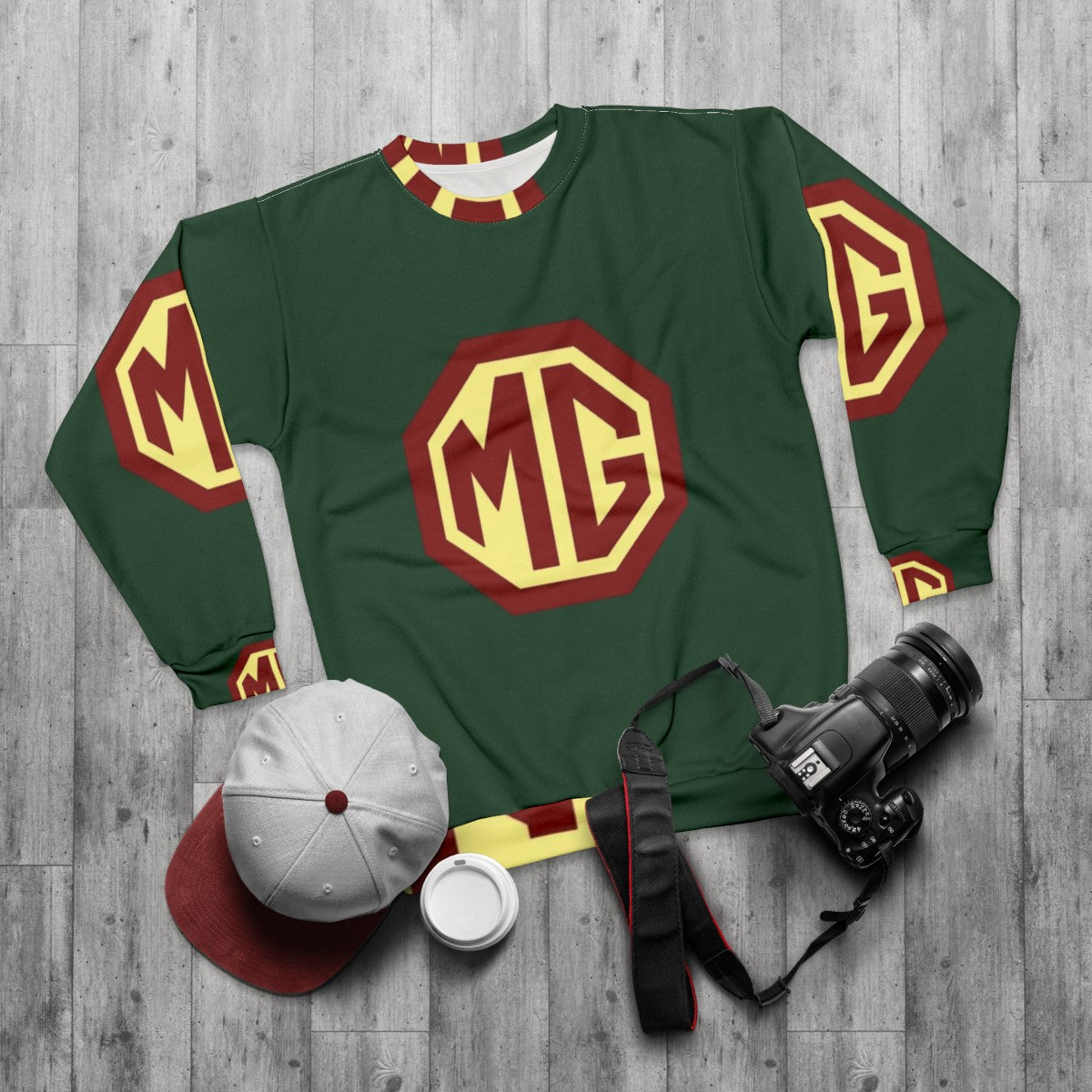 Classic MG sports car logo on a comfortable sweatshirt - flat lay