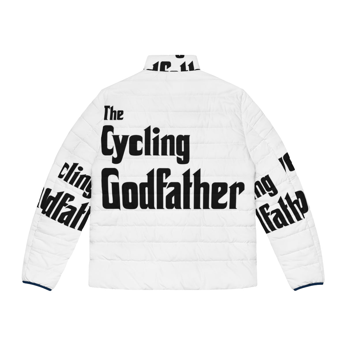 A puffer jacket with the "The Cycling Godfather" design, perfect for cycling enthusiasts - Back