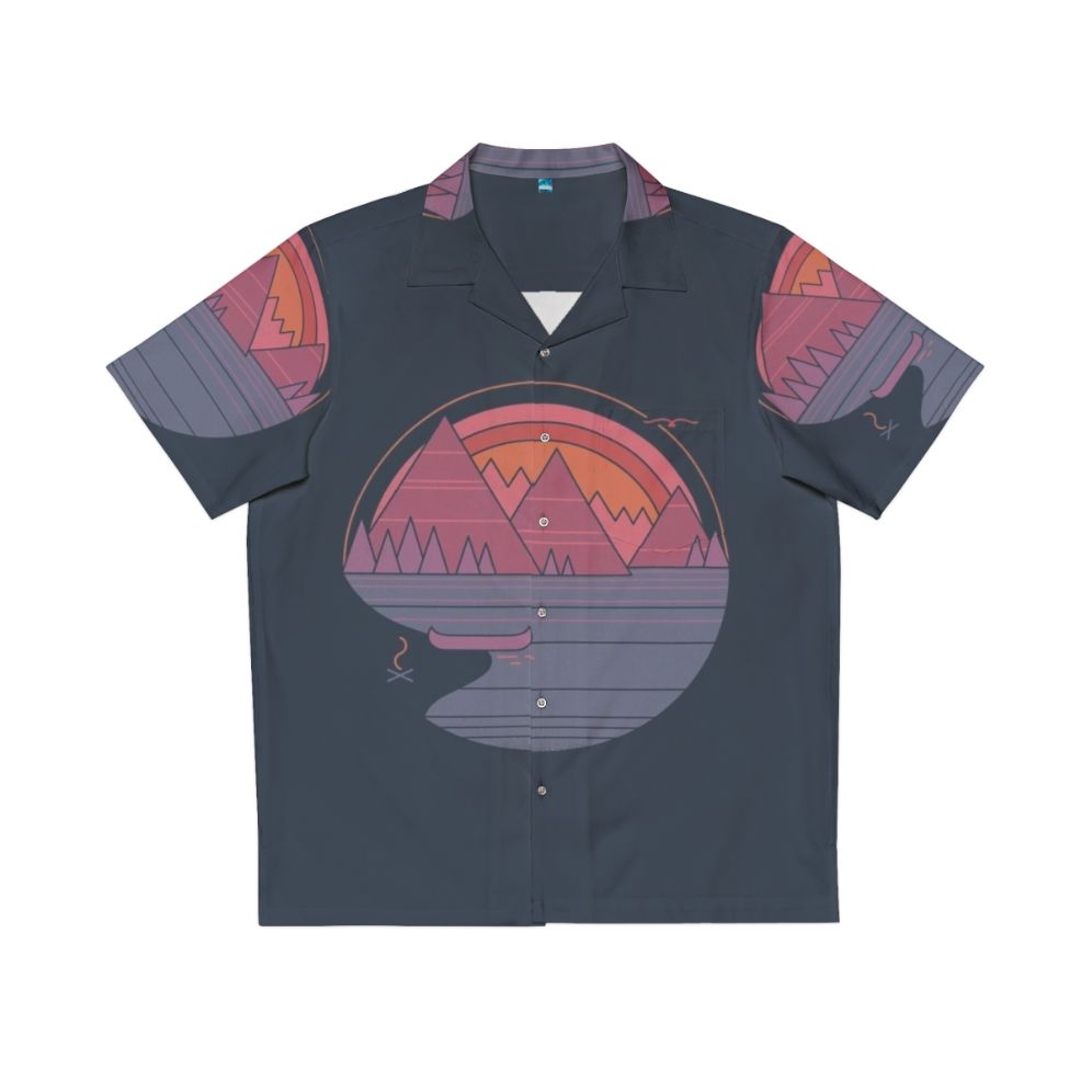 A Hawaiian shirt featuring a minimalist mountain landscape design