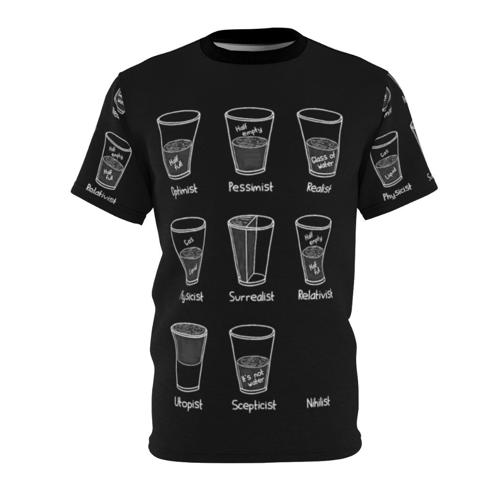 Cup philosophy t-shirt with a graphic depicting different perspectives on a cup of liquid