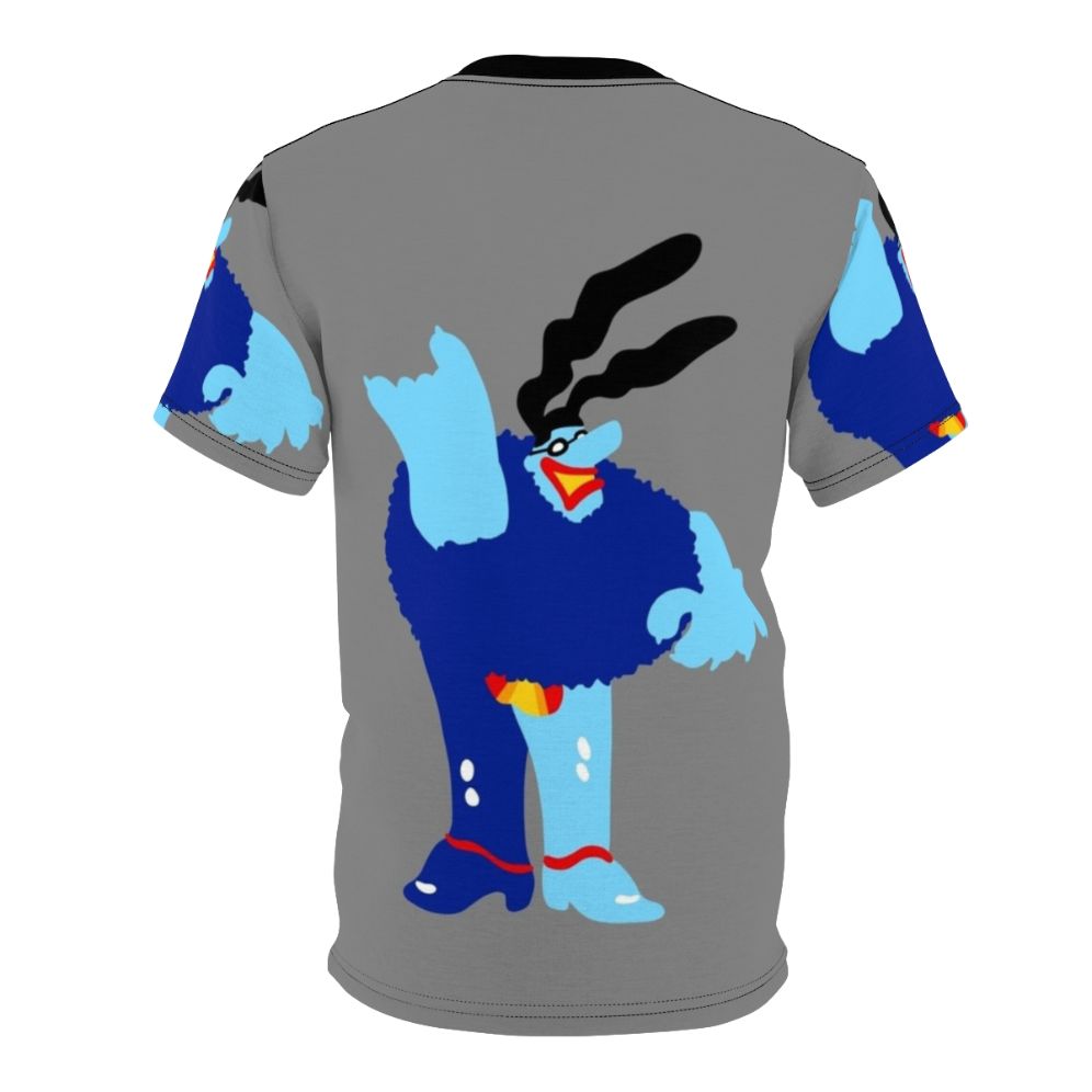 Retro-style t-shirt with a blue meanie graphic design, inspired by 1960s music and culture. - Back