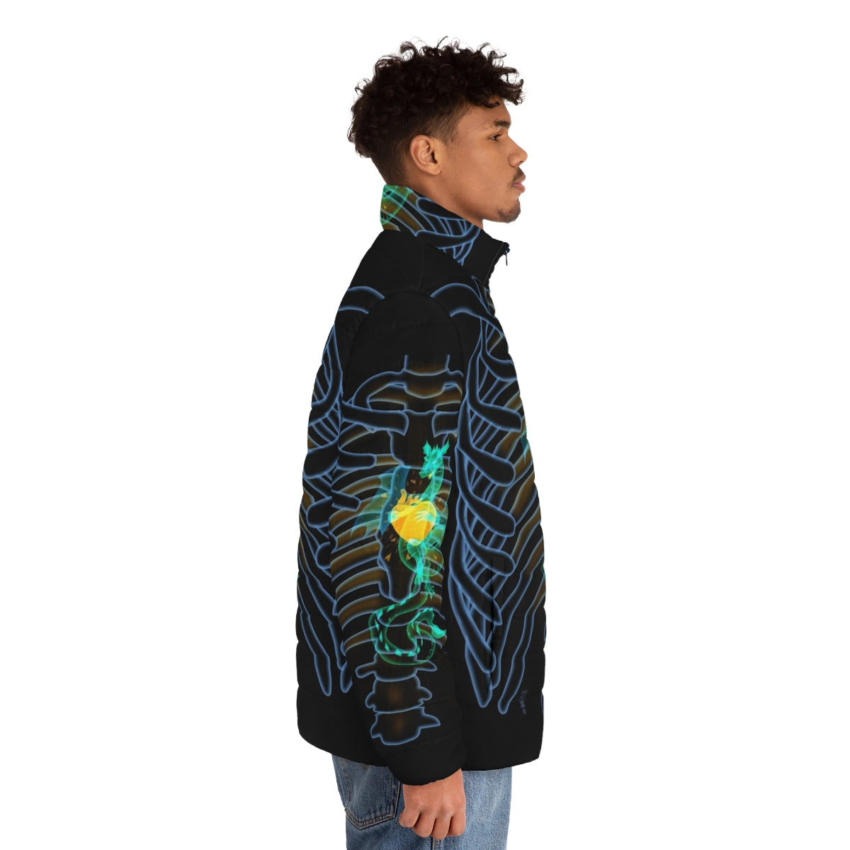 A man wearing a puffer jacket with a glowing dragon x-ray design on the chest - men side right