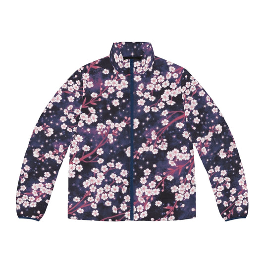 Celestial Sakura Galaxy Puffer Jacket with beautiful floral and space-inspired patterns