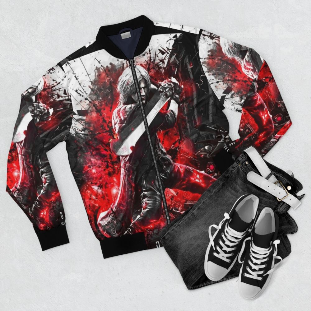 Devil May Cry 5 Dante Bomber Jacket - Cosplay-inspired outerwear featuring the iconic character Dante - Flat lay