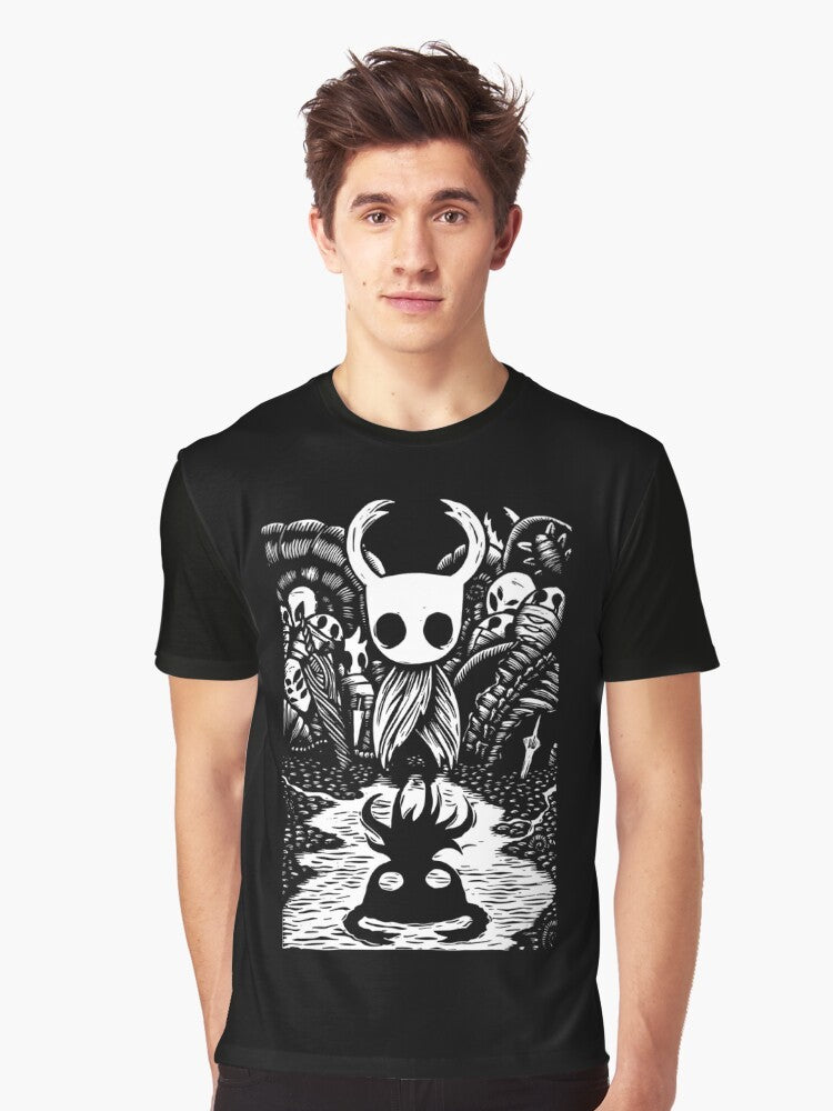 Graphic t-shirt design featuring the protagonist from the video game Hollow Knight - Men