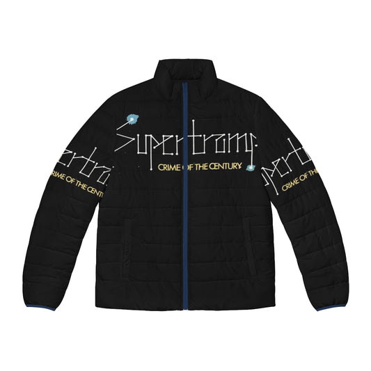 Supertramp-themed puffer jacket featuring the iconic band's logo and vintage-inspired design