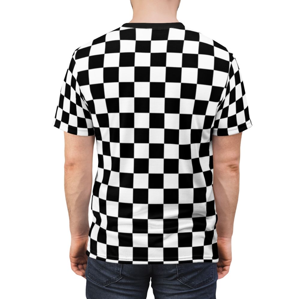 Stylish black and white checkerboard pattern design on a quality t-shirt - men back