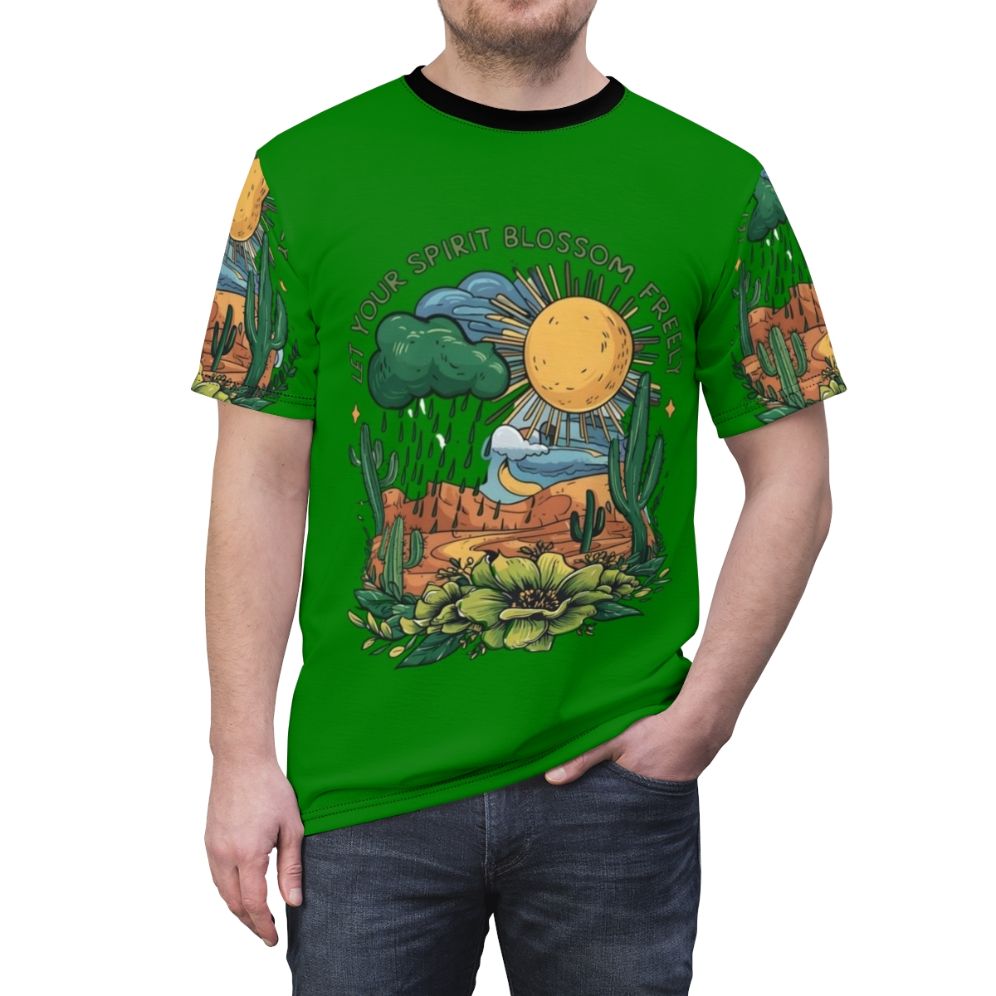 Vibrant floral graphic design featuring blooming flowers, greenery, and a starry sky on a comfortable t-shirt. - men front