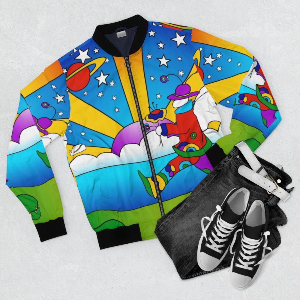 Psychedelic 60s bomber jacket with pop art and hopeful motifs - Flat lay