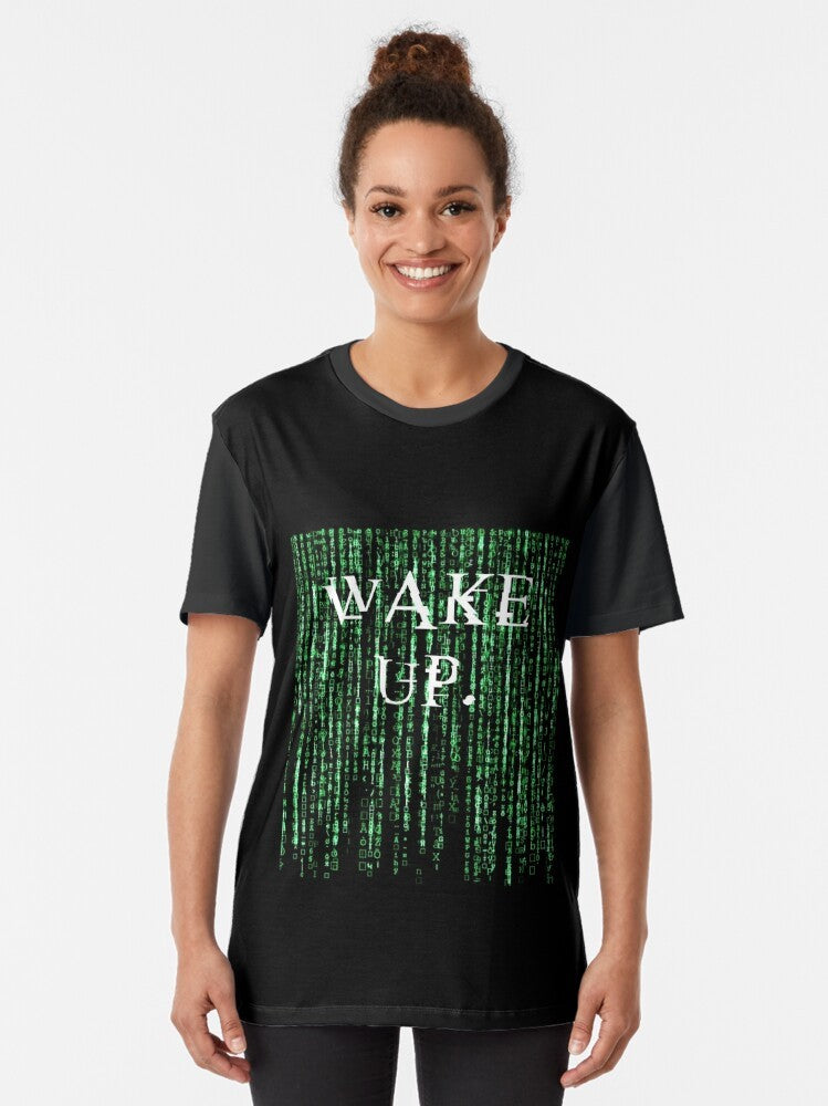 Matrix-inspired graphic t-shirt featuring the quote "Wake up, Neo" and iconic imagery from the sci-fi film. - Women