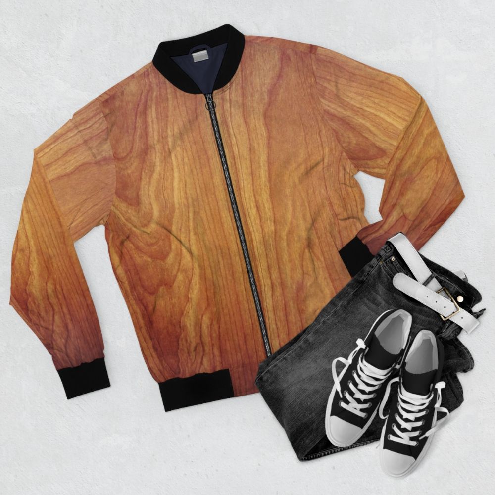 Natural wood texture bomber jacket with wood grain and brown wood design - Flat lay