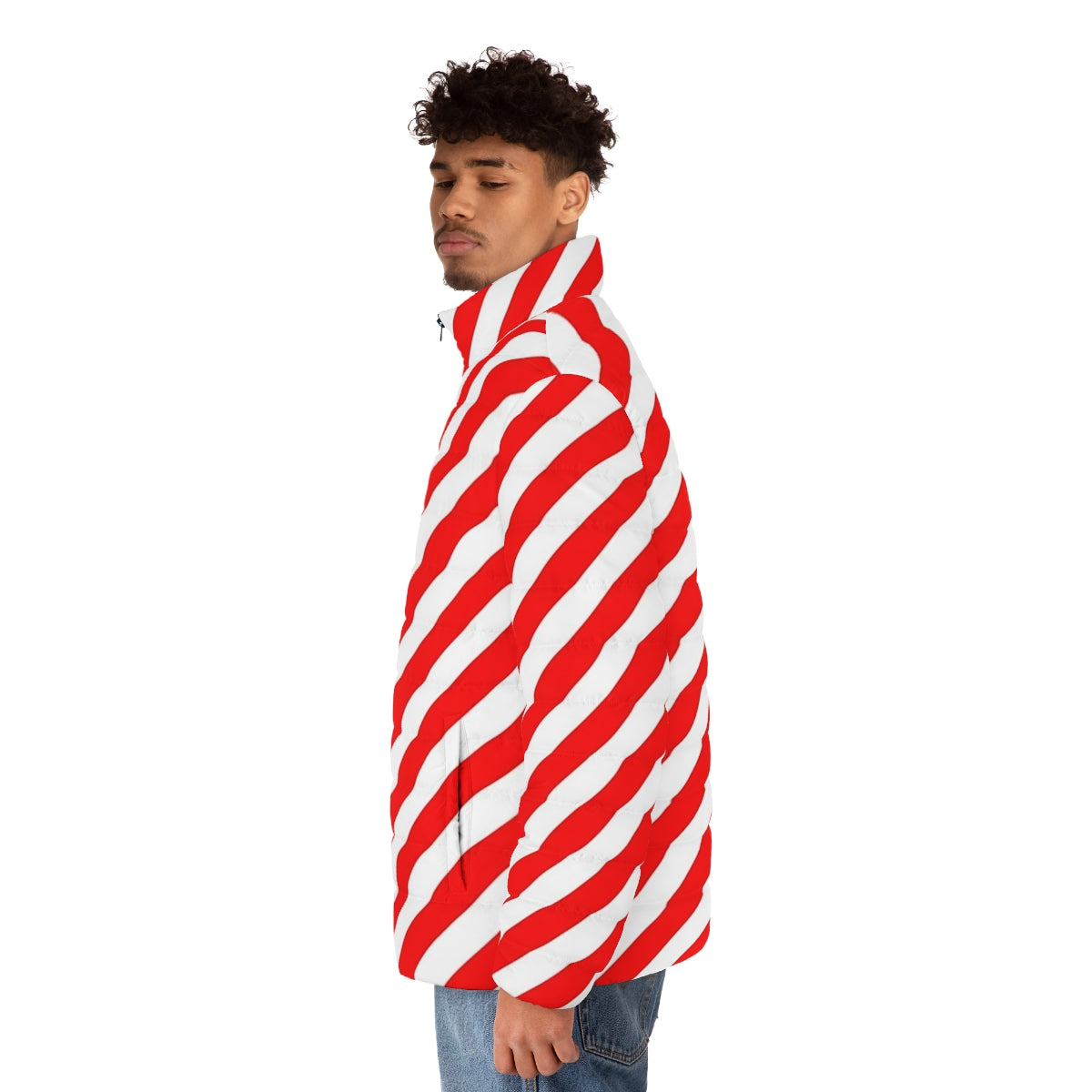 Red and white diagonal stripes puffer jacket - men side left