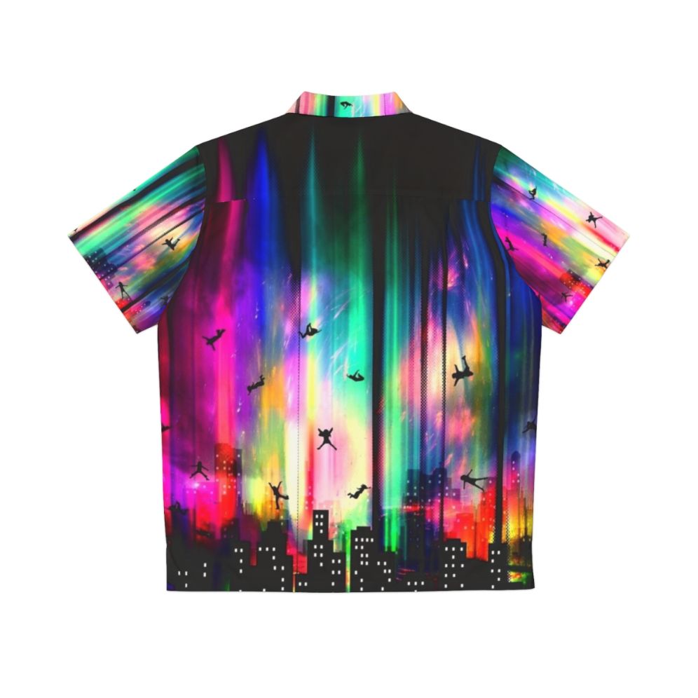 Neon Hawaiian Shirt with Vibrant Urban Skyline and Alien Influences - Back