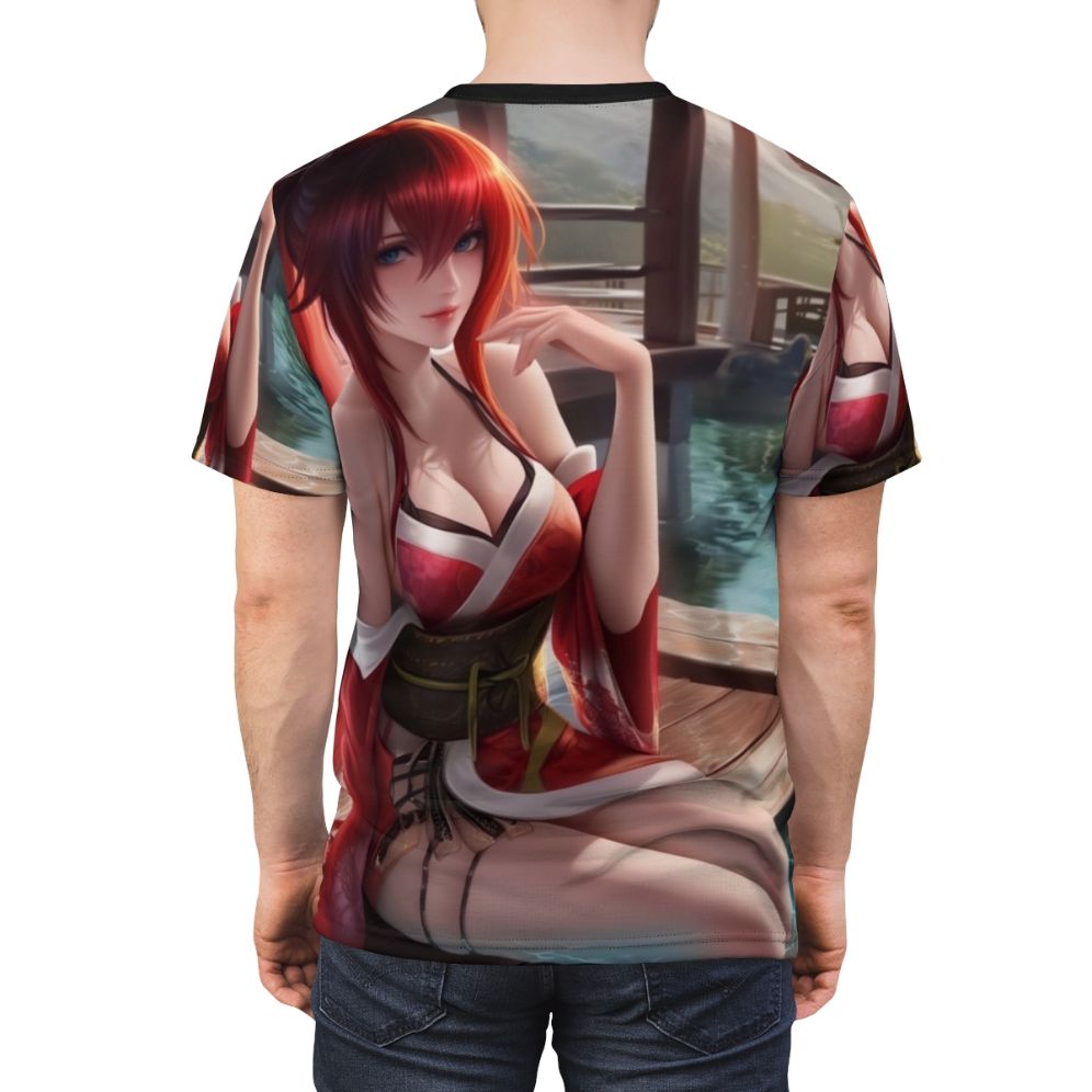 Anime girl Rias Gremory in a hot spring t-shirt design - men back