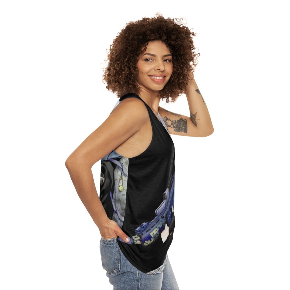 Unisex anime girl with gun graphic on tank top - women side