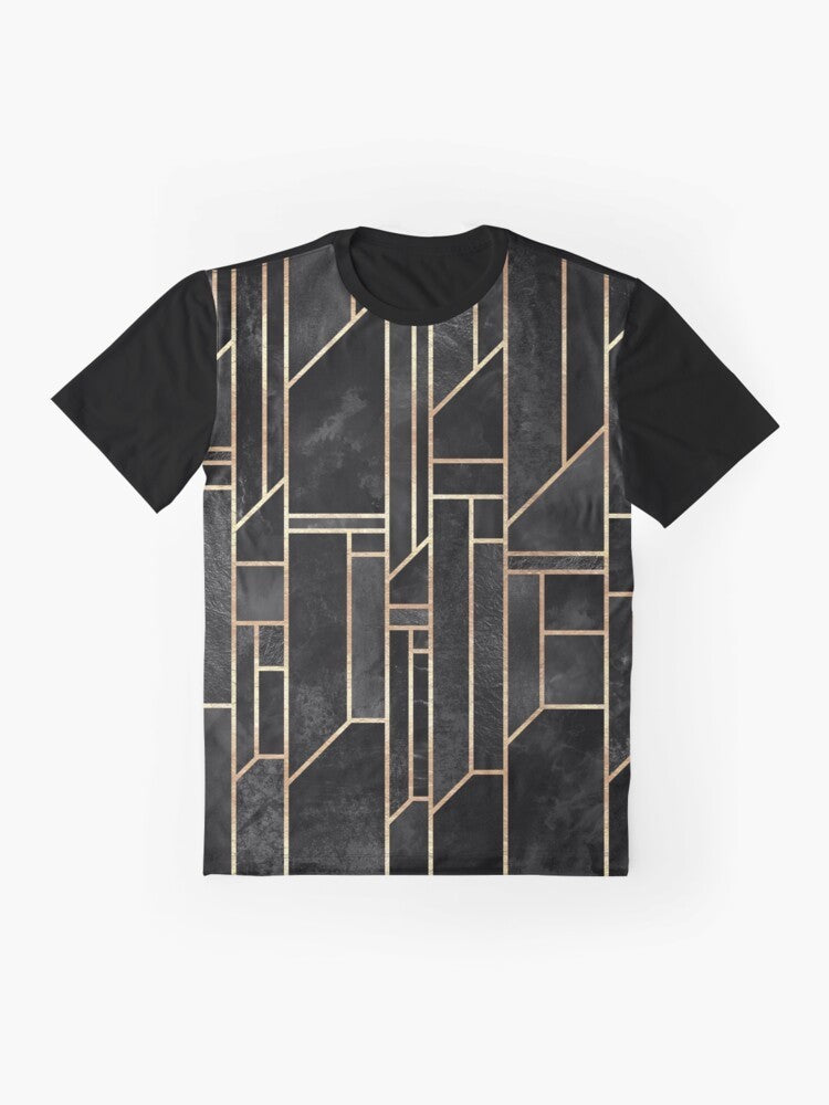 Black graphic t-shirt with abstract geometric pattern in gold and dark colors - Flat lay