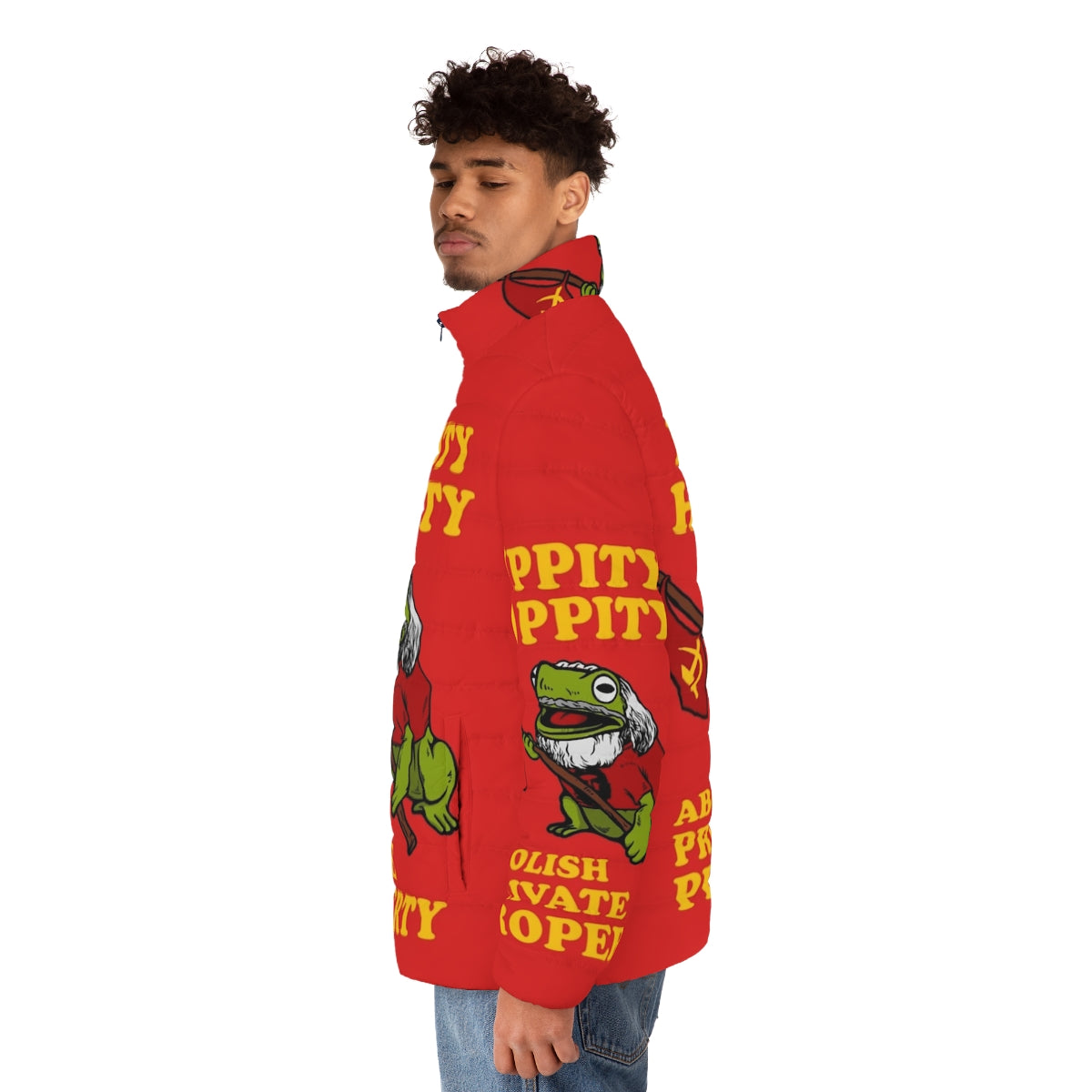 Hippity Hoppity Abolish Private Property Puffer Jacket featuring communist and socialist memes, hammer and sickle, and Che Guevara - men side left