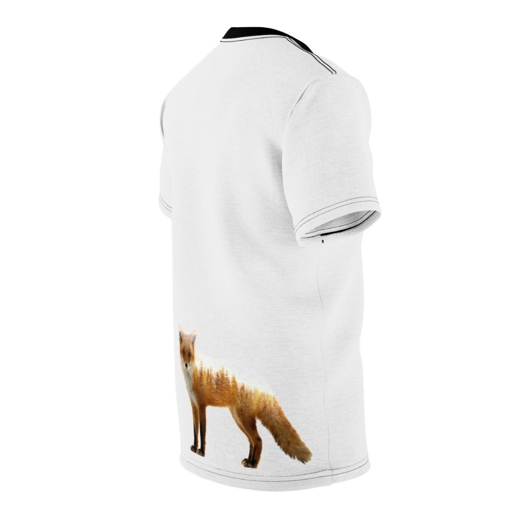 Stylish t-shirt featuring a double exposure design of a majestic forest fox against a nature backdrop - men right