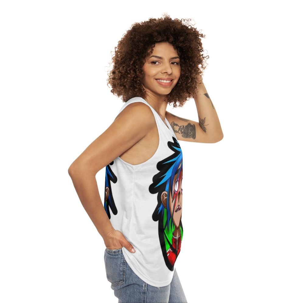 Unisex 2D graphic tank top with Gorillaz-inspired design - women side