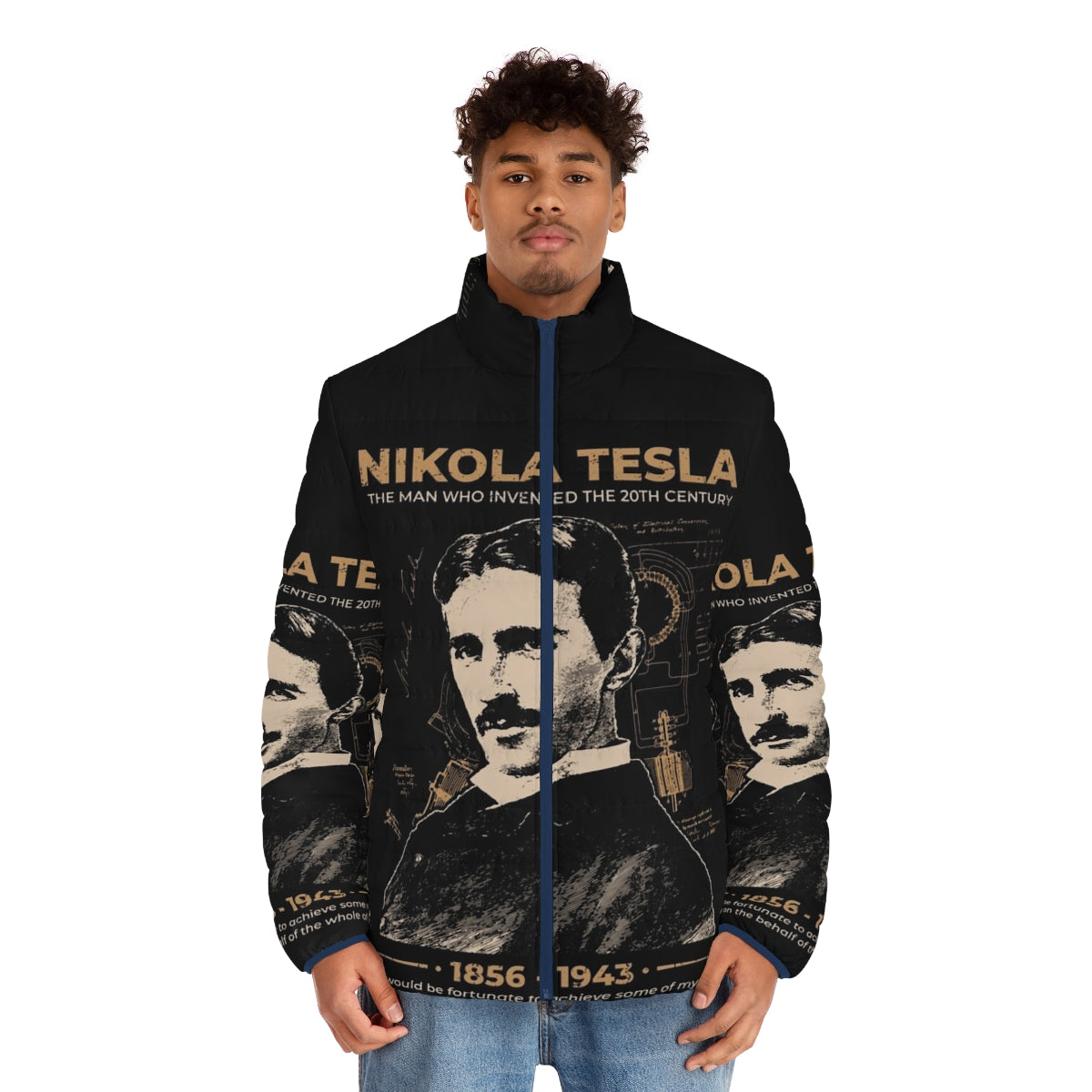 Nikola Tesla inspired puffer jacket featuring his iconic portrait and quotes - men front