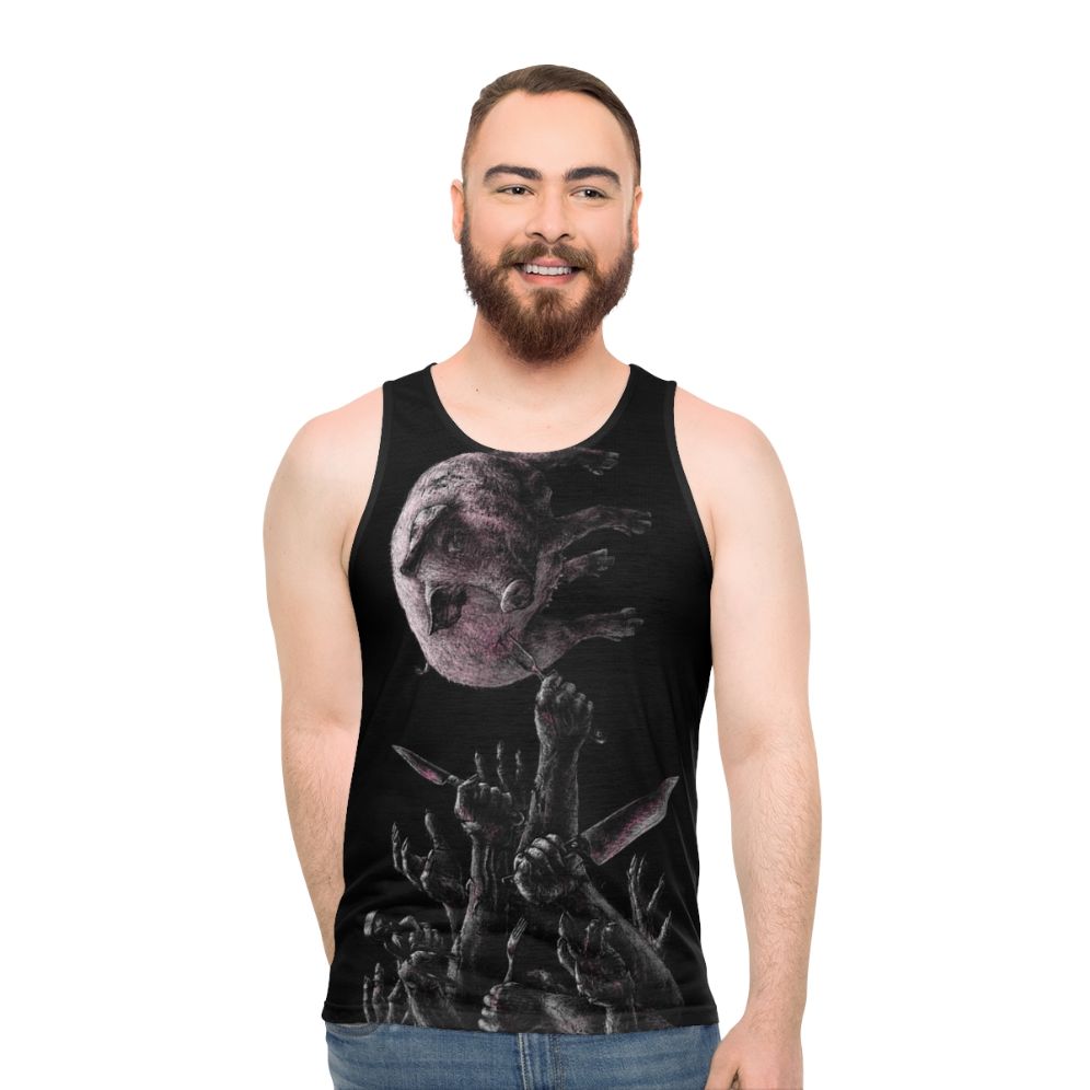 Unisex vegan tank top with pink and red pig skull and cutlery design - men