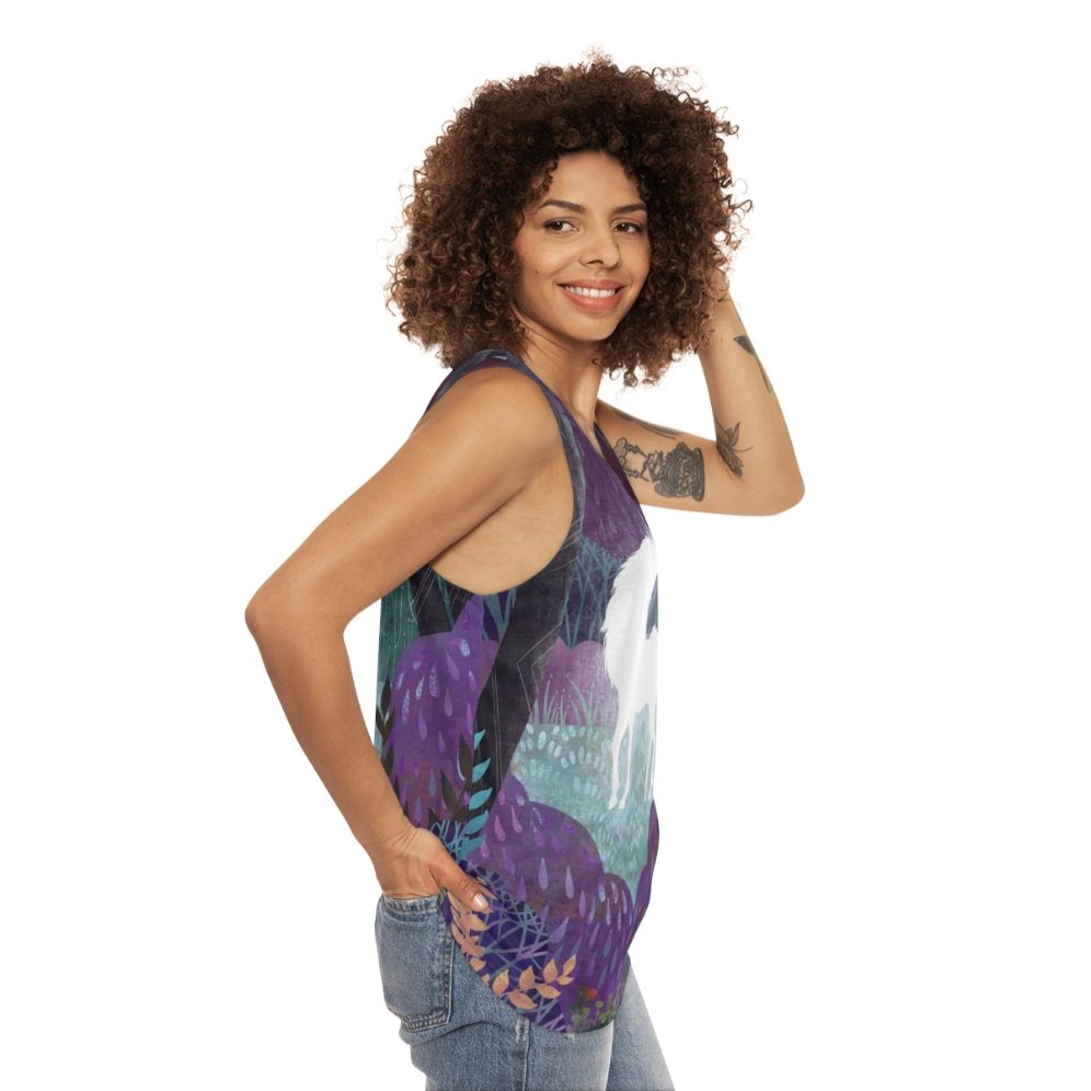 The Last Unicorn Unisex Tank Top featuring a magical unicorn in a fantasy forest - women side