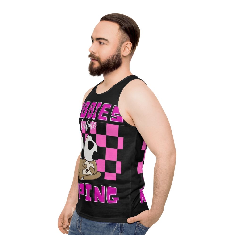 Unisex tank top with 'Hobbies Include Napping' design - men side