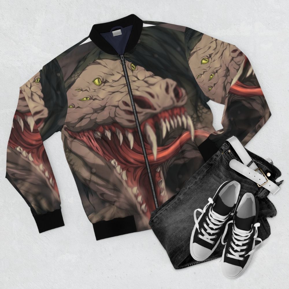 SCP-682 Hardtodestroy Reptile Bomber Jacket - Flat lay