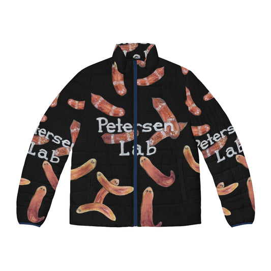 Worm science-themed watercolor puffer jacket