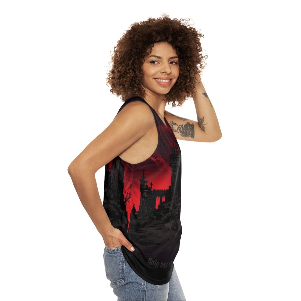 Gothic Lovecraft inspired unisex tank top with occult and dark fashion design - women side