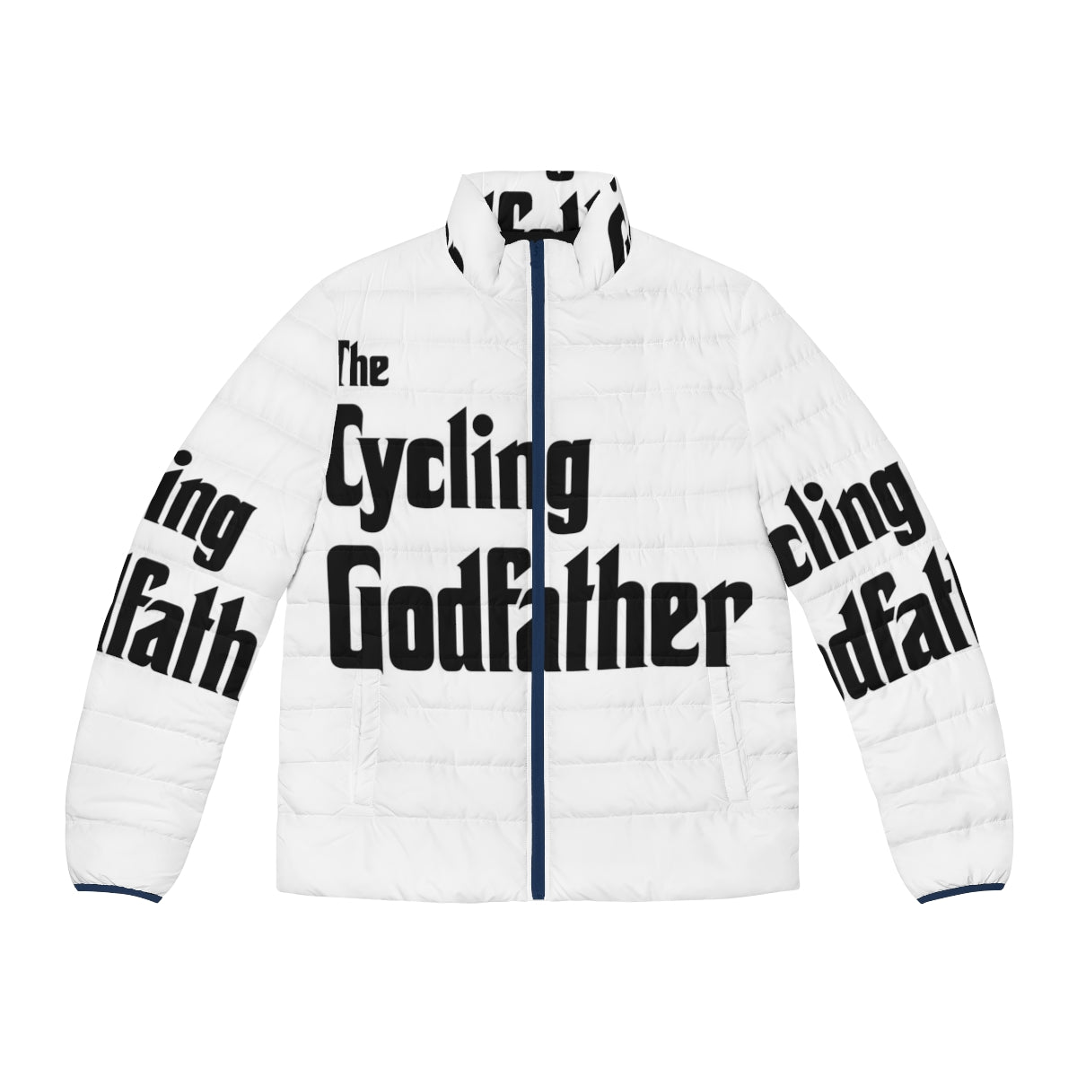 A puffer jacket with the "The Cycling Godfather" design, perfect for cycling enthusiasts