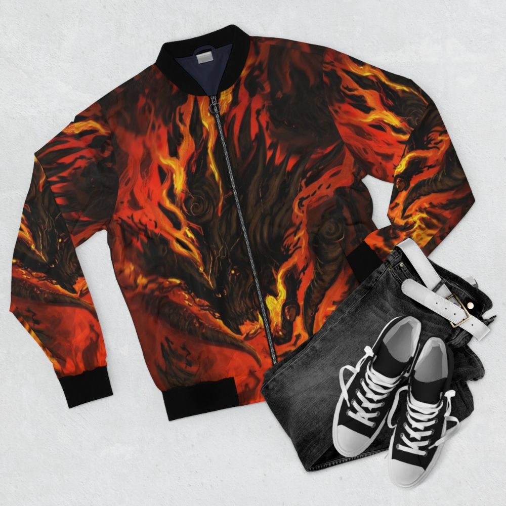 Fiery devil-inspired bomber jacket with flames and red accents - Flat lay