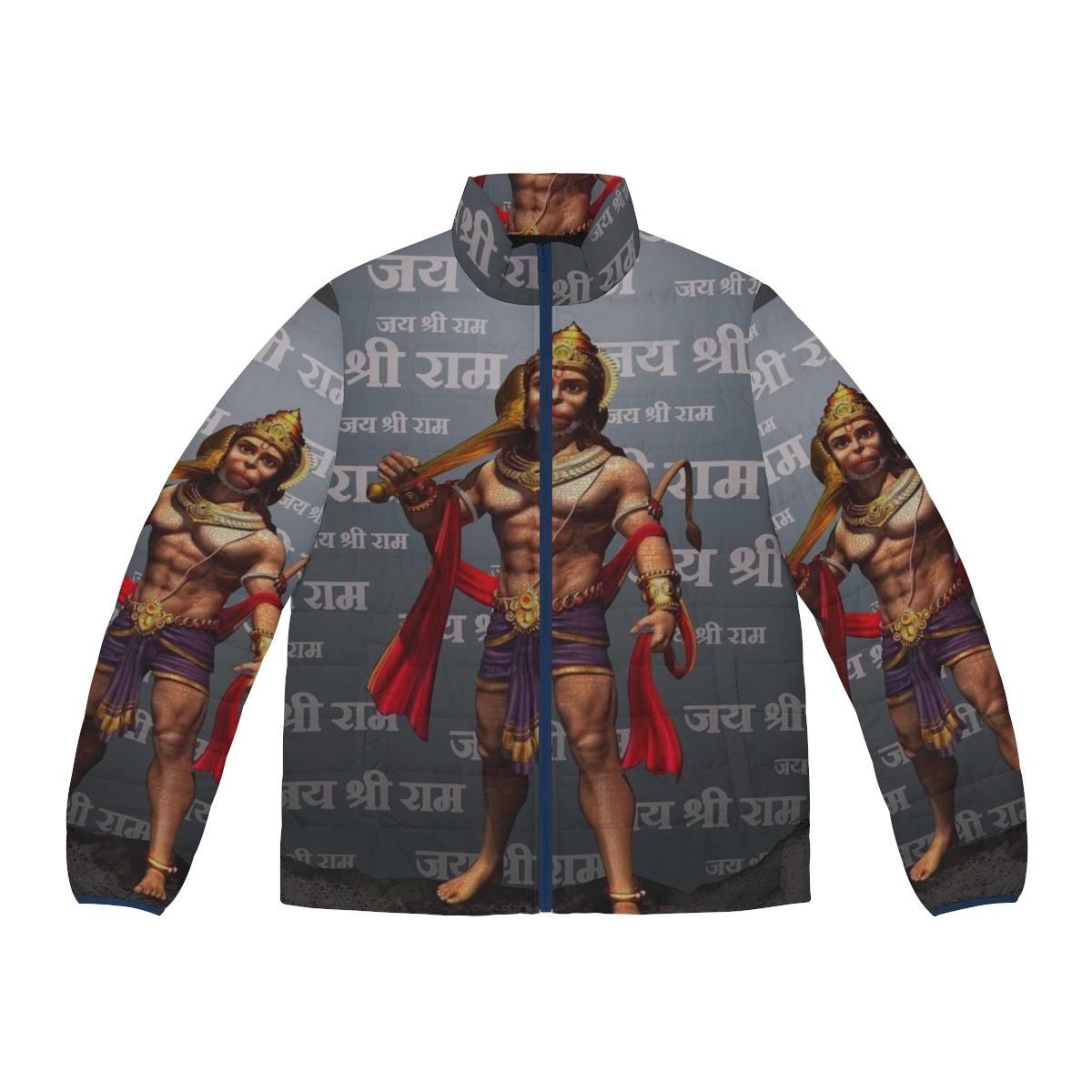 Lord Hanuman puffer jacket featuring the Hindu god and the phrase "Jai Sri Ram"