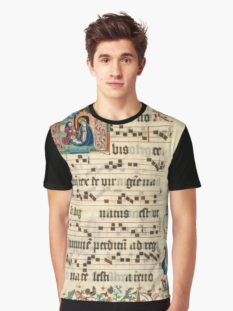 Graphic t-shirt featuring an intricate illuminated manuscript design with religious art and gothic style - Men