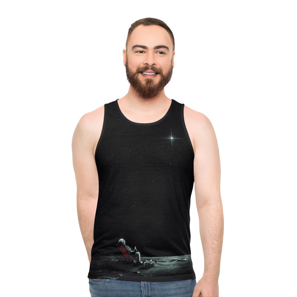 Space-themed unisex tank top featuring abstract cosmic design - men