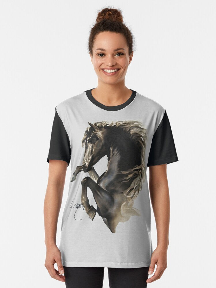 A powerful black horse rearing up in a graphic design on a black t-shirt - Women