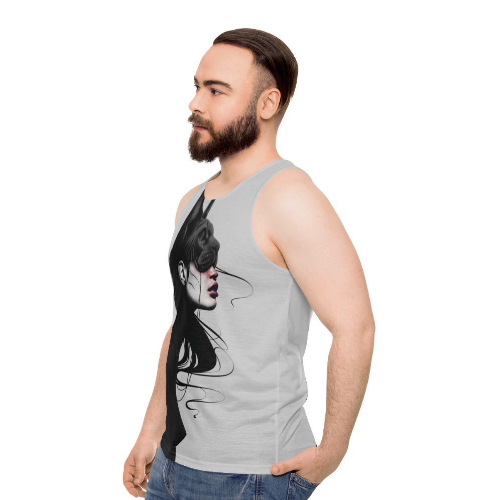 Unisex tank top featuring a black and white portrait - men side