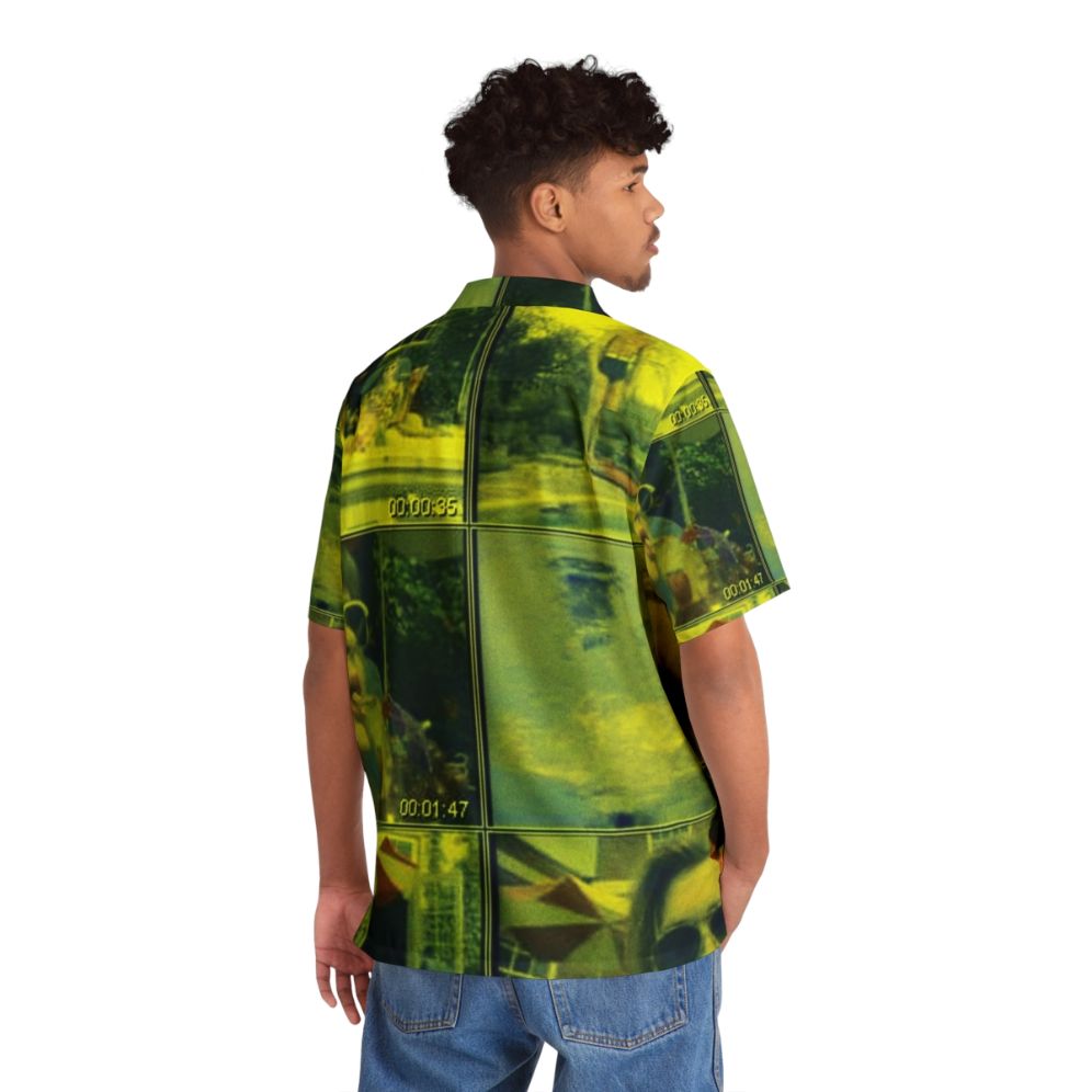 Colorful Hawaiian shirt featuring a graphic of a hot dog and a jumping frog in Albuquerque - Flat lay