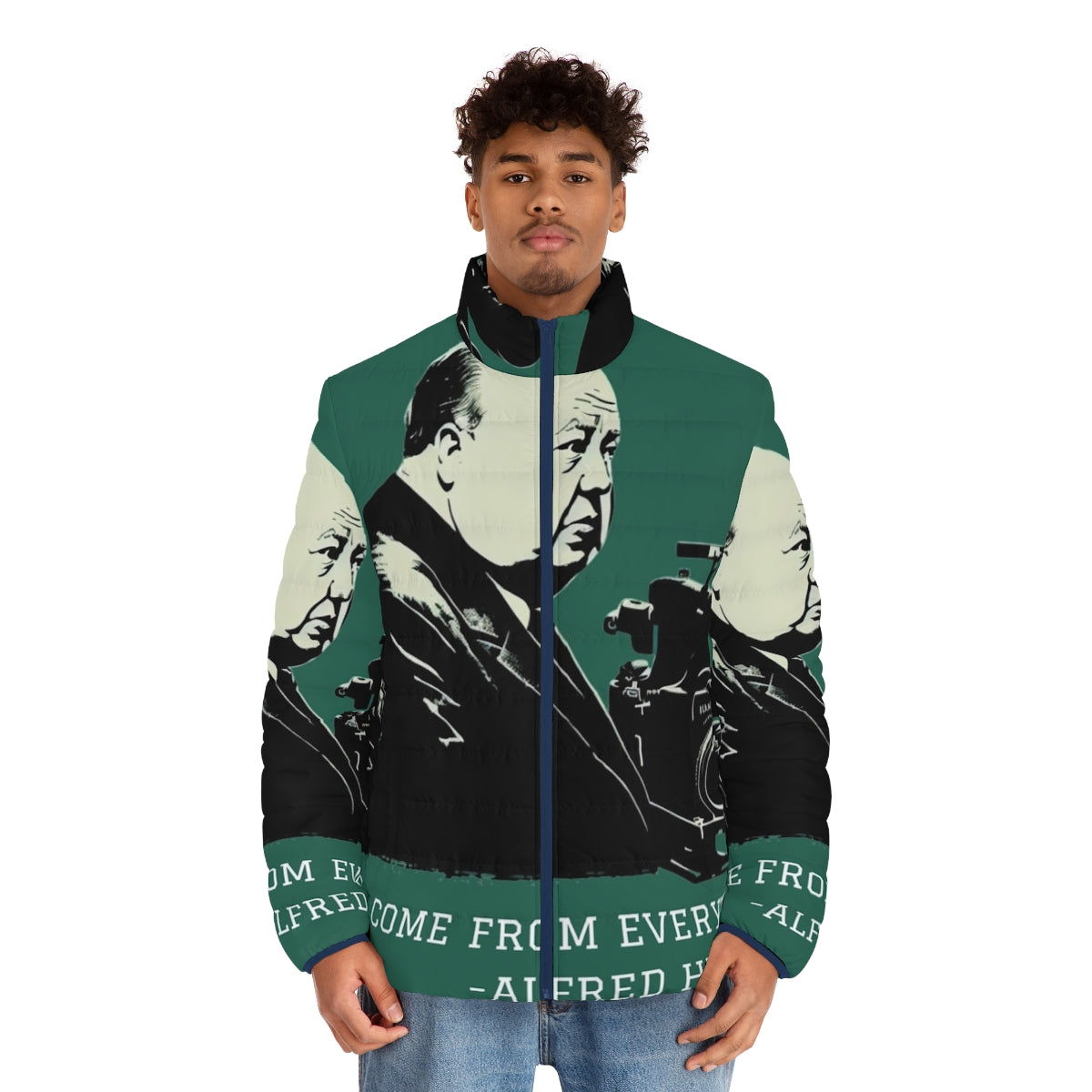 Alfred Hitchcock inspired puffer jacket with illustration - men front