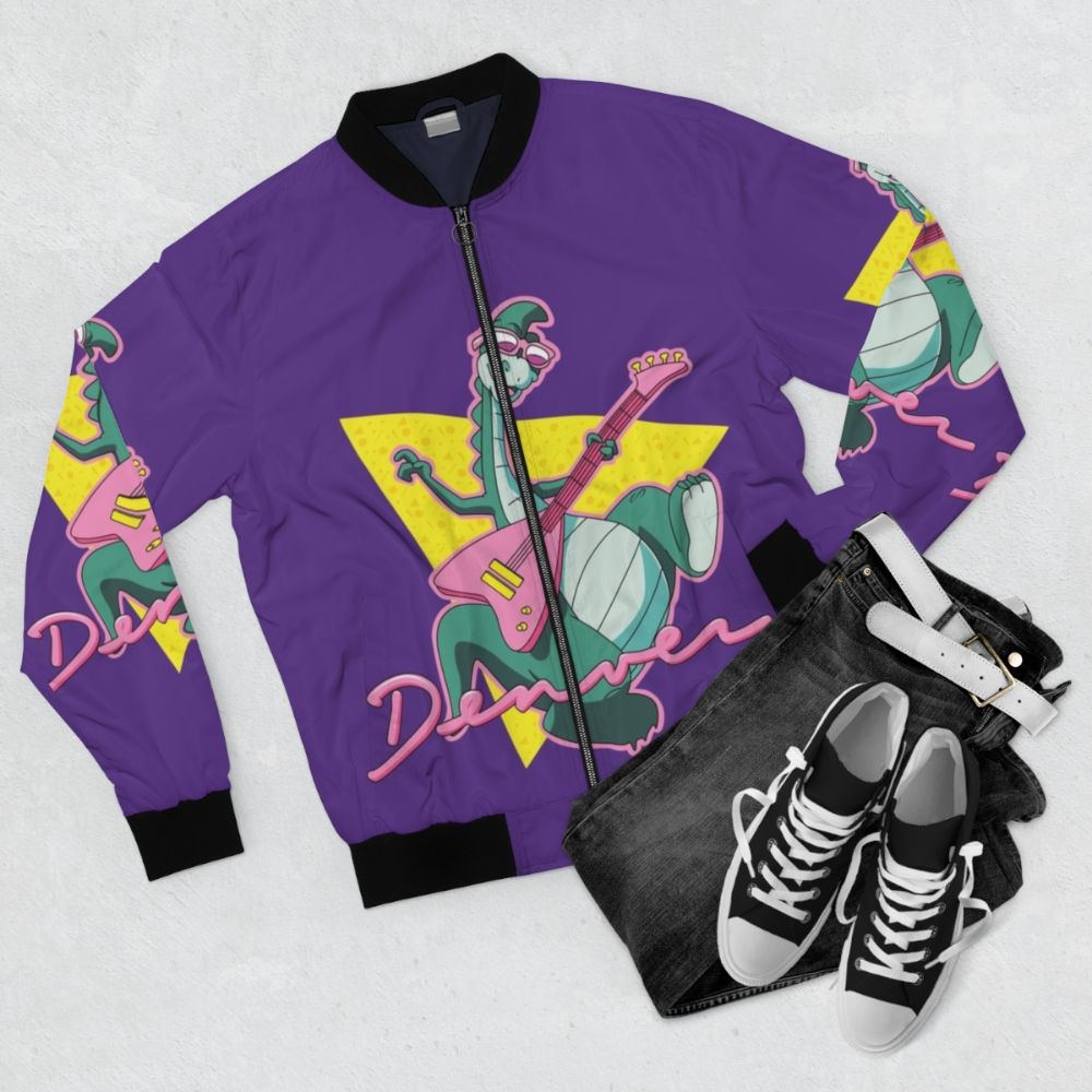 Vintage Dinosaur Cartoon Bomber Jacket - "The Last Dinosaur" Inspired Design - Flat lay