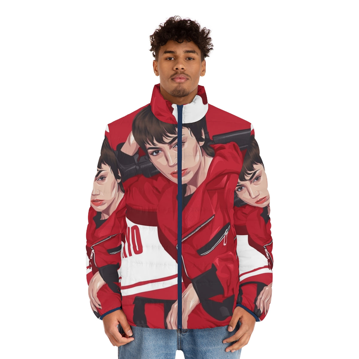 Tokyo puffer jacket with Money Heist anime-style design - men front