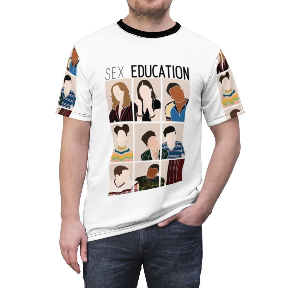 Vibrant T-shirt featuring the cast of the popular Netflix series Sex Education - men front