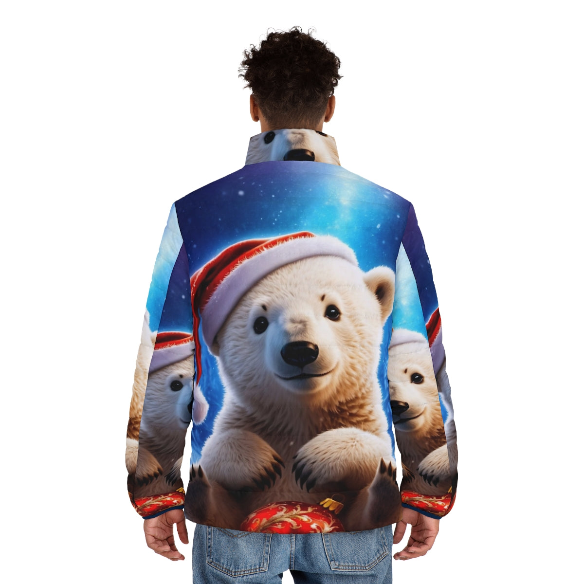 A cozy puffer jacket featuring a adorable polar bear cub in a snowy, enchanted forest scene - men back