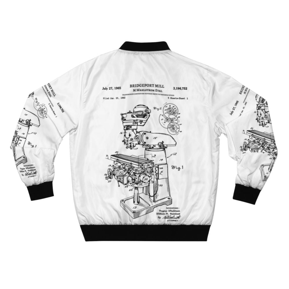 Vintage Bridgeport mill machine patent 1962 blueprint design on a bomber jacket, great gift for CNC machinists and metalworkers. - Back