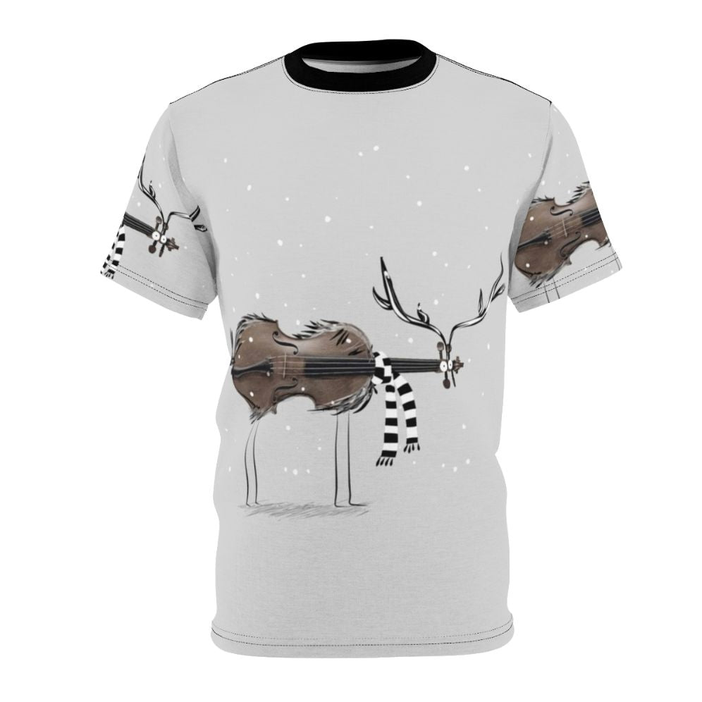 T-shirt featuring a design with a violin and reindeer in a winter scene