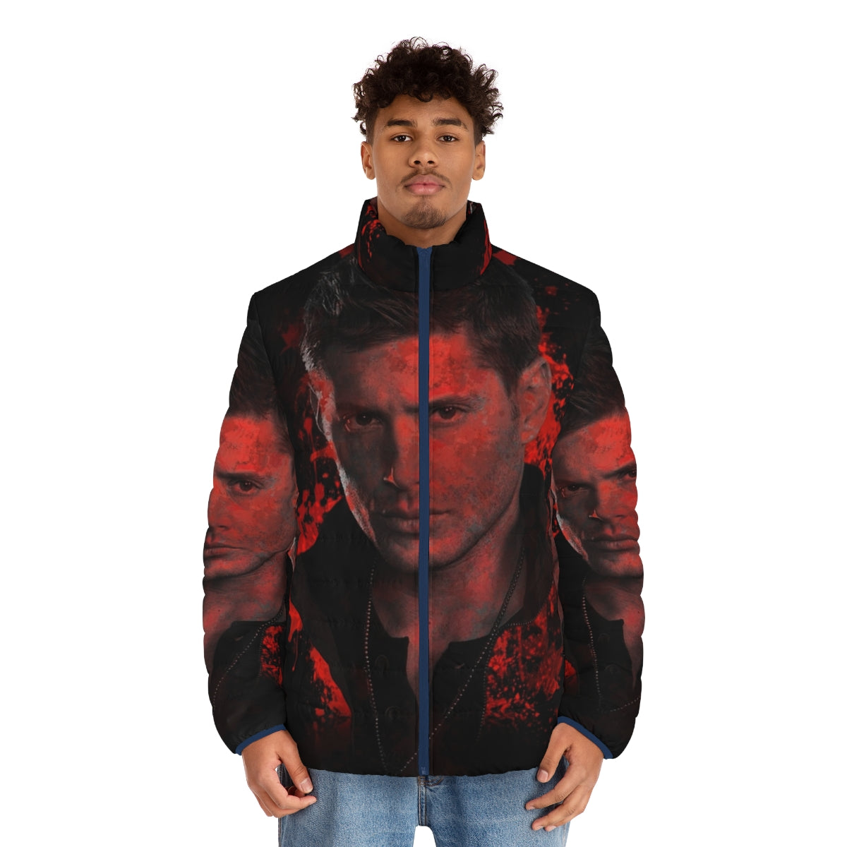 Supernatural Dean Winchester Puffer Jacket with Splatter Design - men front