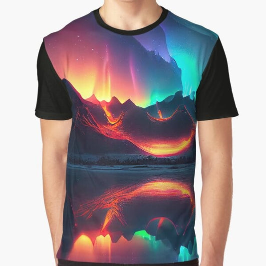 Graphic t-shirt featuring a stunning northern lights, aurora borealis, and mountain landscape reflection design.