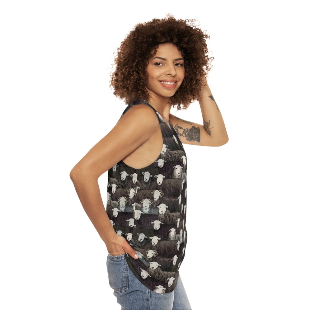 Herdwick Unisex Tank Top with Sheepdog and Farm Landscape Design - women side